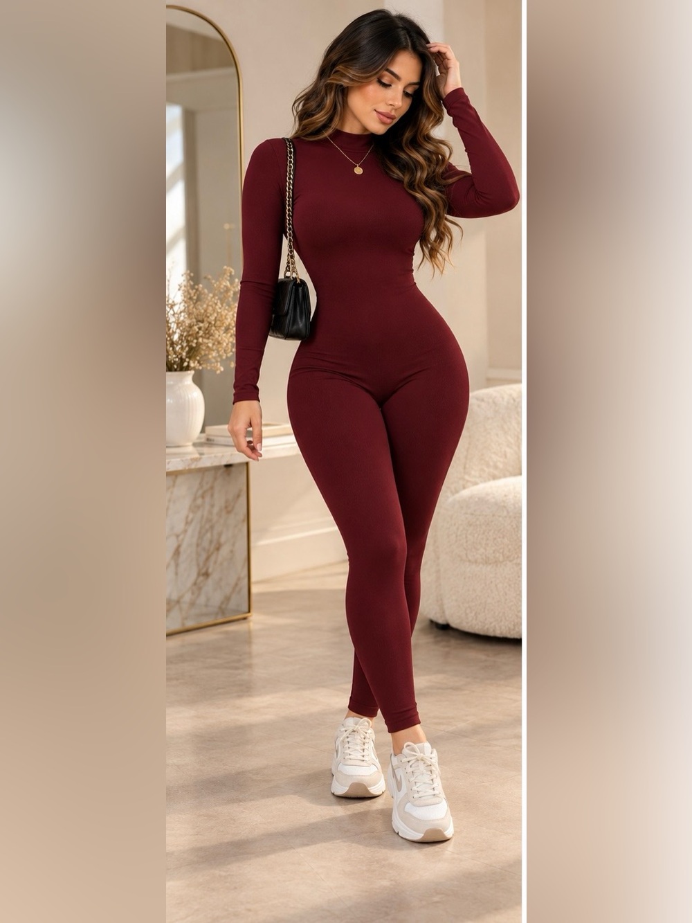 Seamless Long-Sleeve Burgundy Jumpsuit